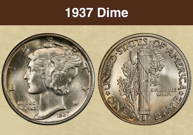 1937 Mercury dime obverse and reverse showing Liberty's winged cap design and fasces reverse in uncirculated condition
