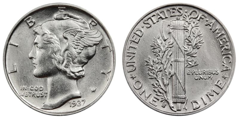 1937-S Mercury dime obverse close-up showing Doubled Die Obverse FS-101 variety with visible doubling on LIBERTY and date numerals