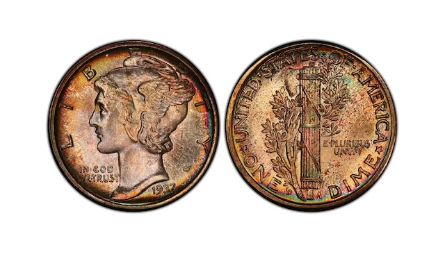 1937-D Mercury dime reverse close-up showing Repunched Mint Mark RPM FS-401 with secondary D mint mark impression visible below the primary D