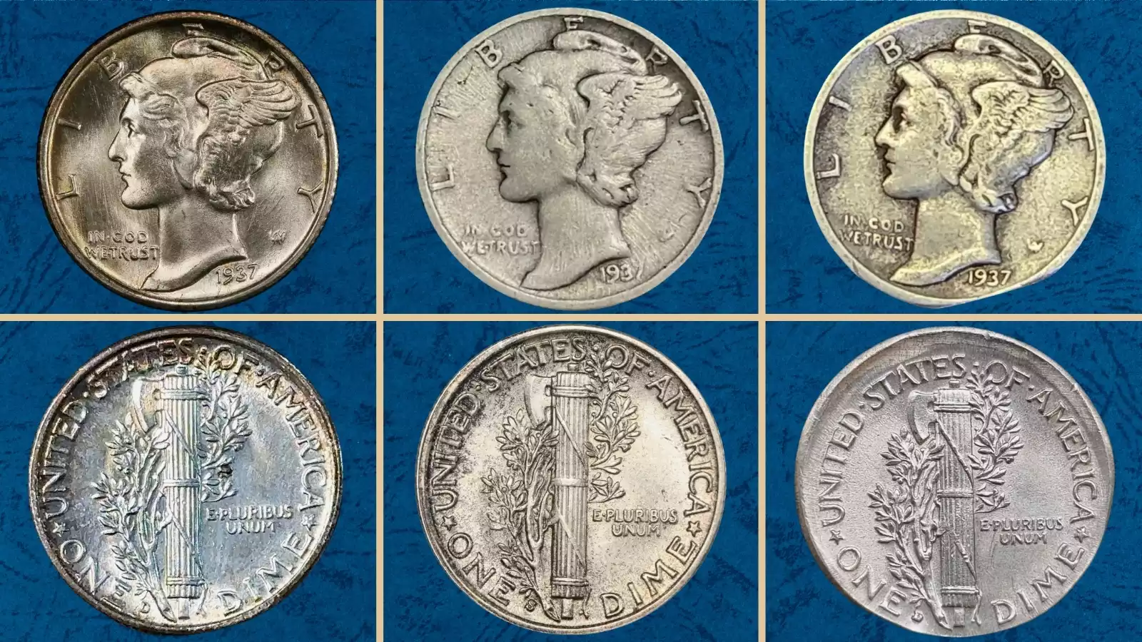 Group of 1937 Mercury dimes arranged by condition from heavily worn circulated examples to brilliant uncirculated gem specimens