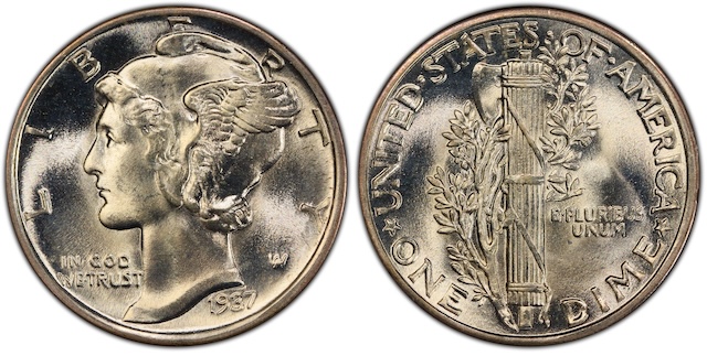 1937 Mercury dime grading strip showing four examples side by side from Good condition through Uncirculated/Mint State across all condition tiers