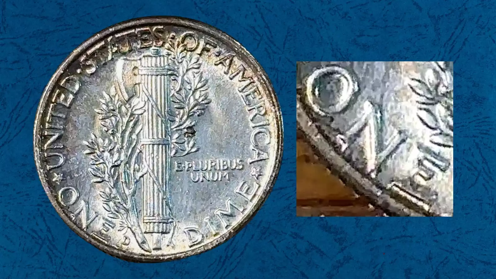 Side-by-side comparison of 1937 Mercury dime reverses showing standard non-Full Bands fasces with fused center bands vs Full Bands designation with clearly split raised horizontal bands